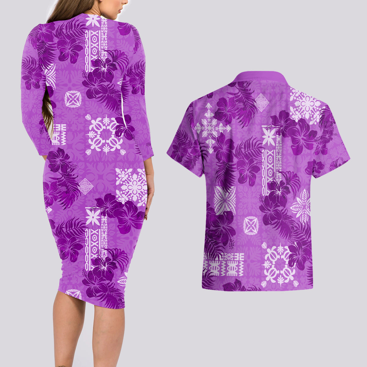 Hawaii Tapa Couples Matching Long Sleeve Bodycon Dress and Hawaiian Shirt Hibiscus Mix Hawaiian Quilt Patches - Violet LT7 - Wonder Print Shop