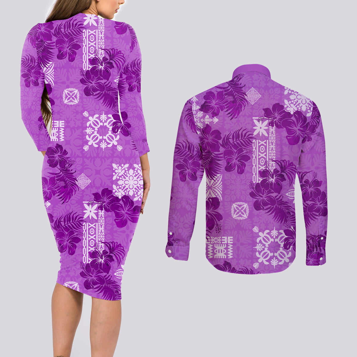 Hawaii Tapa Couples Matching Long Sleeve Bodycon Dress and Long Sleeve Button Shirt Hibiscus Mix Hawaiian Quilt Patches - Violet LT7 - Wonder Print Shop