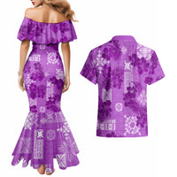 Hawaii Tapa Couples Matching Mermaid Dress and Hawaiian Shirt Hibiscus Mix Hawaiian Quilt Patches - Violet LT7 - Wonder Print Shop