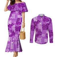 hawaii-tapa-couples-matching-mermaid-dress-and-long-sleeve-button-shirt-hibiscus-mix-hawaiian-quilt-patches-violet