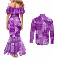 hawaii-tapa-couples-matching-mermaid-dress-and-long-sleeve-button-shirt-hibiscus-mix-hawaiian-quilt-patches-violet
