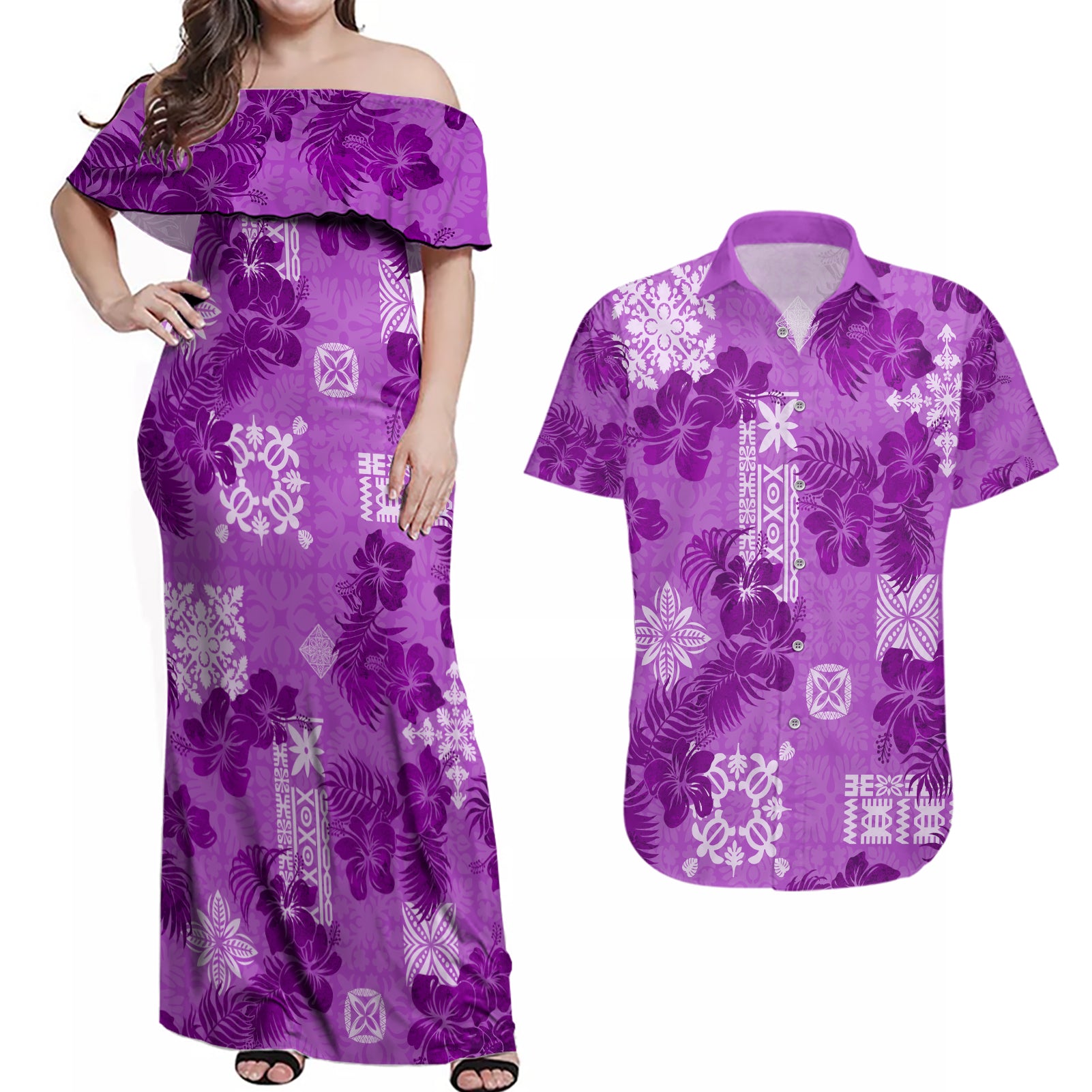 Hawaii Tapa Couples Matching Off Shoulder Maxi Dress and Hawaiian Shirt Hibiscus Mix Hawaiian Quilt Patches - Violet LT7 - Wonder Print Shop