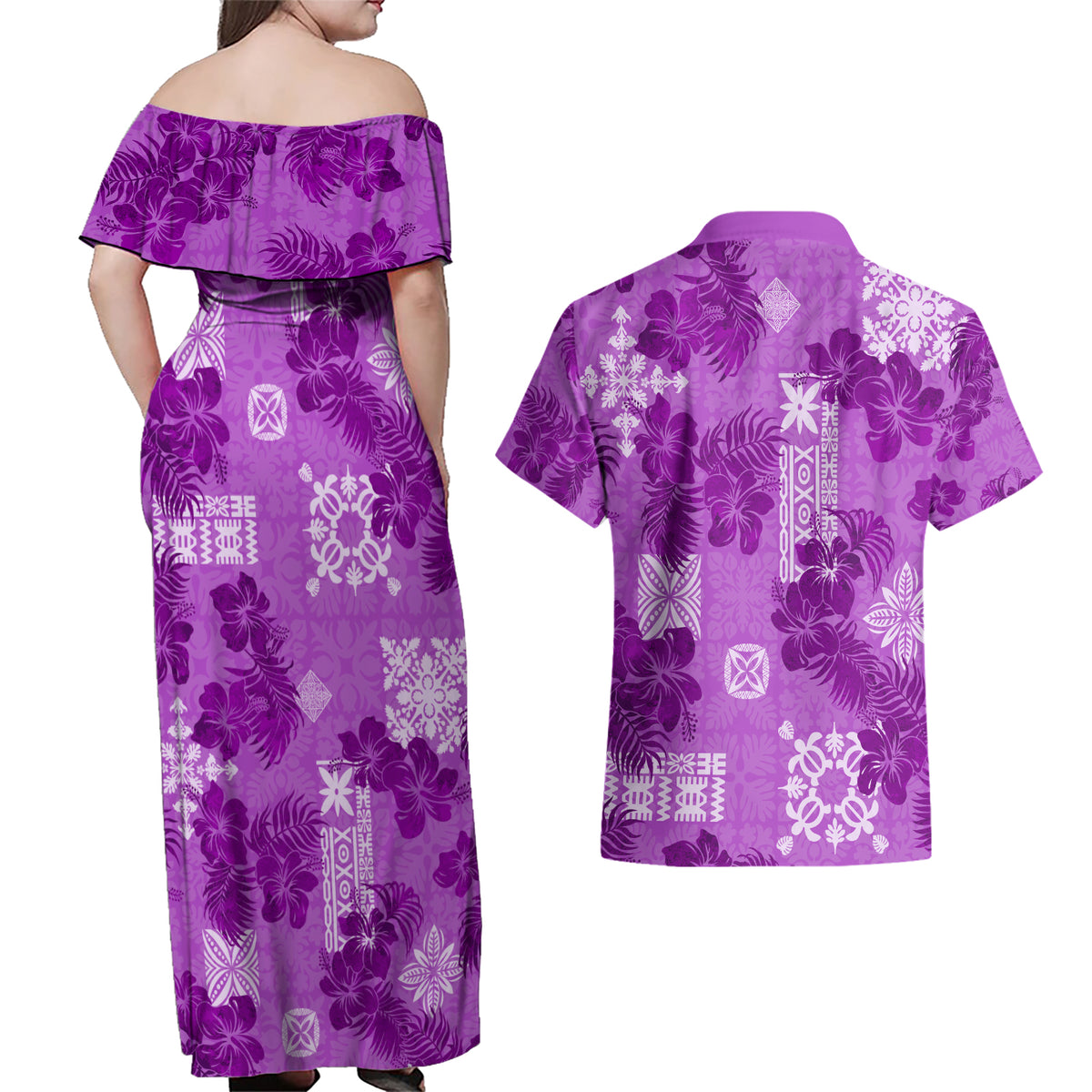 Hawaii Tapa Couples Matching Off Shoulder Maxi Dress and Hawaiian Shirt Hibiscus Mix Hawaiian Quilt Patches - Violet LT7 - Wonder Print Shop