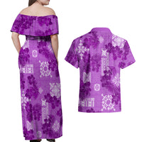 Hawaii Tapa Couples Matching Off Shoulder Maxi Dress and Hawaiian Shirt Hibiscus Mix Hawaiian Quilt Patches - Violet LT7 - Wonder Print Shop