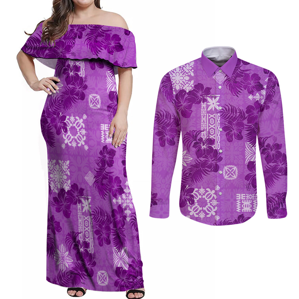 Hawaii Tapa Couples Matching Off Shoulder Maxi Dress and Long Sleeve Button Shirt Hibiscus Mix Hawaiian Quilt Patches - Violet LT7 - Wonder Print Shop