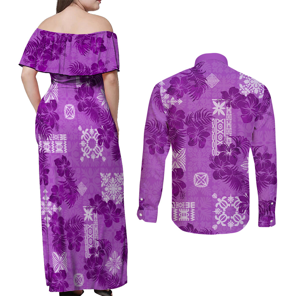 Hawaii Tapa Couples Matching Off Shoulder Maxi Dress and Long Sleeve Button Shirt Hibiscus Mix Hawaiian Quilt Patches - Violet LT7 - Wonder Print Shop