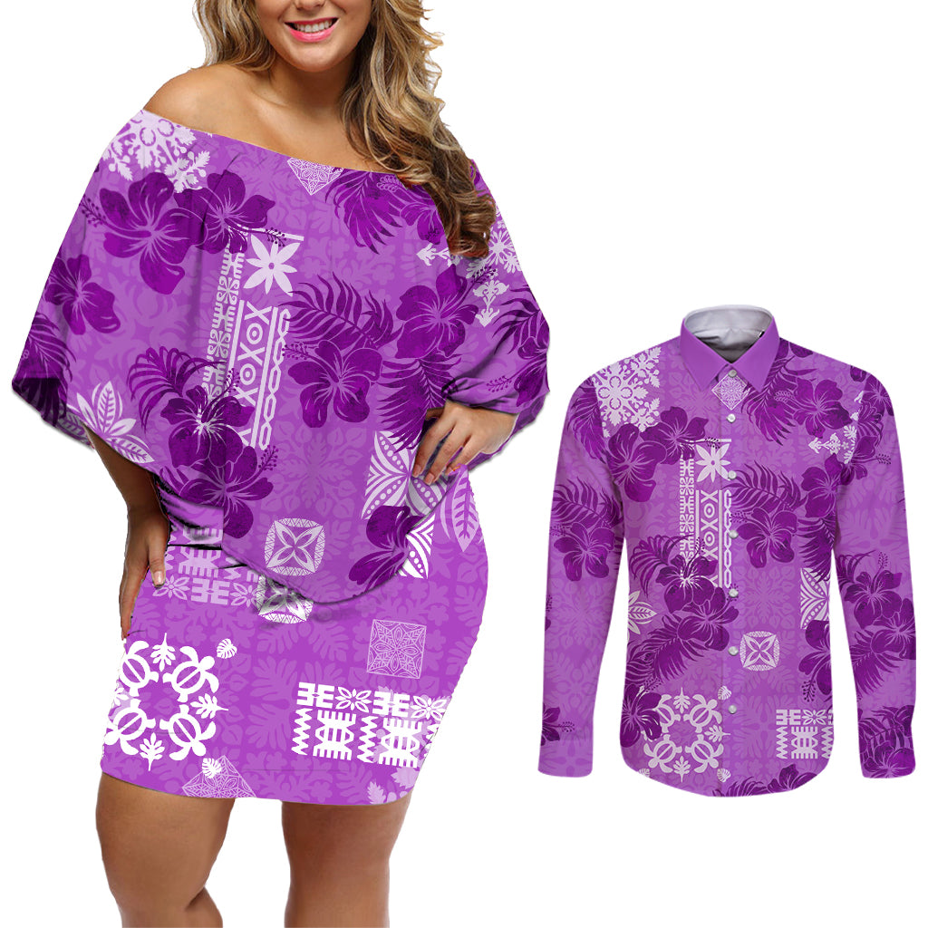 Hawaii Tapa Couples Matching Off Shoulder Short Dress and Long Sleeve Button Shirt Hibiscus Mix Hawaiian Quilt Patches - Violet LT7 - Wonder Print Shop
