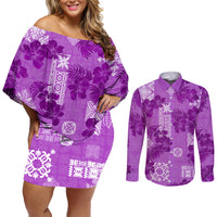 Hawaii Tapa Couples Matching Off Shoulder Short Dress and Long Sleeve Button Shirt Hibiscus Mix Hawaiian Quilt Patches - Violet LT7 - Wonder Print Shop