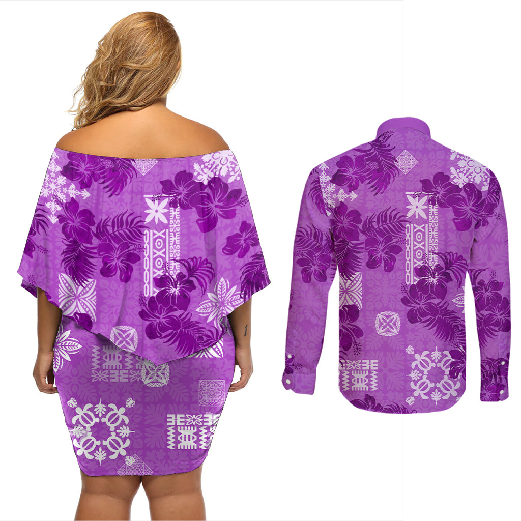 Hawaii Tapa Couples Matching Off Shoulder Short Dress and Long Sleeve Button Shirt Hibiscus Mix Hawaiian Quilt Patches - Violet LT7 - Wonder Print Shop