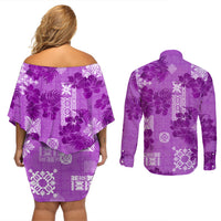 Hawaii Tapa Couples Matching Off Shoulder Short Dress and Long Sleeve Button Shirt Hibiscus Mix Hawaiian Quilt Patches - Violet LT7 - Wonder Print Shop