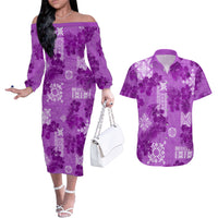 Hawaii Tapa Couples Matching Off The Shoulder Long Sleeve Dress and Hawaiian Shirt Hibiscus Mix Hawaiian Quilt Patches - Violet LT7 - Wonder Print Shop