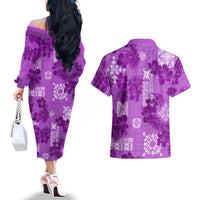 Hawaii Tapa Couples Matching Off The Shoulder Long Sleeve Dress and Hawaiian Shirt Hibiscus Mix Hawaiian Quilt Patches - Violet LT7 - Wonder Print Shop