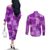 hawaii-tapa-couples-matching-off-the-shoulder-long-sleeve-dress-and-long-sleeve-button-shirt-hibiscus-mix-hawaiian-quilt-patches-violet
