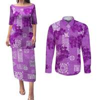 Hawaii Tapa Couples Matching Puletasi Dress and Long Sleeve Button Shirt Hibiscus Mix Hawaiian Quilt Patches - Violet LT7 - Wonder Print Shop