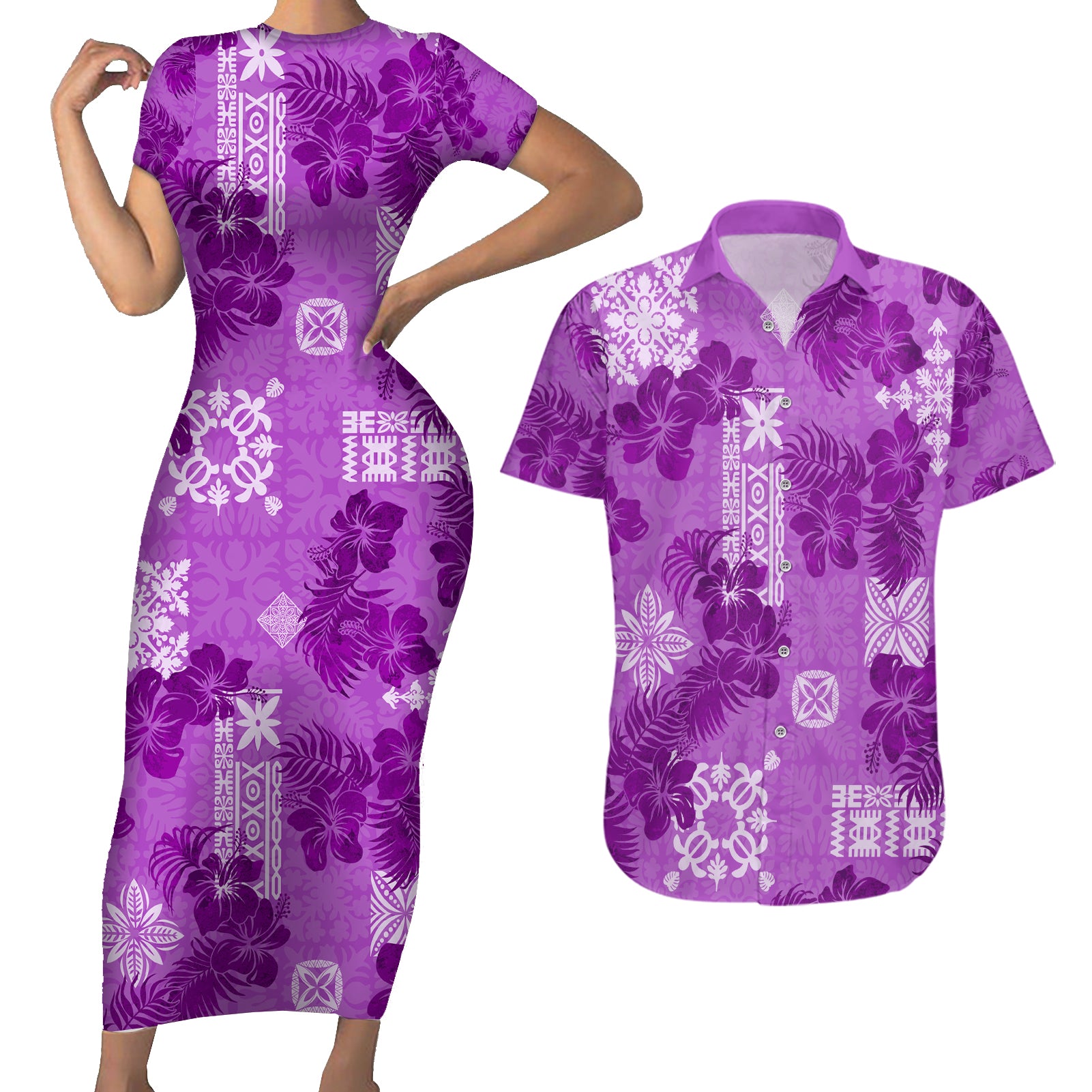 Hawaii Tapa Couples Matching Short Sleeve Bodycon Dress and Hawaiian Shirt Hibiscus Mix Hawaiian Quilt Patches - Violet LT7 - Wonder Print Shop