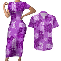 Hawaii Tapa Couples Matching Short Sleeve Bodycon Dress and Hawaiian Shirt Hibiscus Mix Hawaiian Quilt Patches - Violet LT7 - Wonder Print Shop
