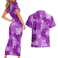 Hawaii Tapa Couples Matching Short Sleeve Bodycon Dress and Hawaiian Shirt Hibiscus Mix Hawaiian Quilt Patches - Violet LT7 - Wonder Print Shop