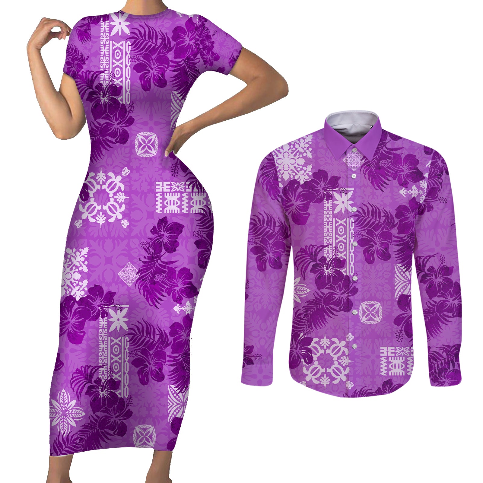 Hawaii Tapa Couples Matching Short Sleeve Bodycon Dress and Long Sleeve Button Shirt Hibiscus Mix Hawaiian Quilt Patches - Violet LT7 - Wonder Print Shop