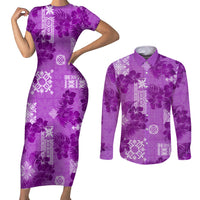 Hawaii Tapa Couples Matching Short Sleeve Bodycon Dress and Long Sleeve Button Shirt Hibiscus Mix Hawaiian Quilt Patches - Violet LT7 - Wonder Print Shop