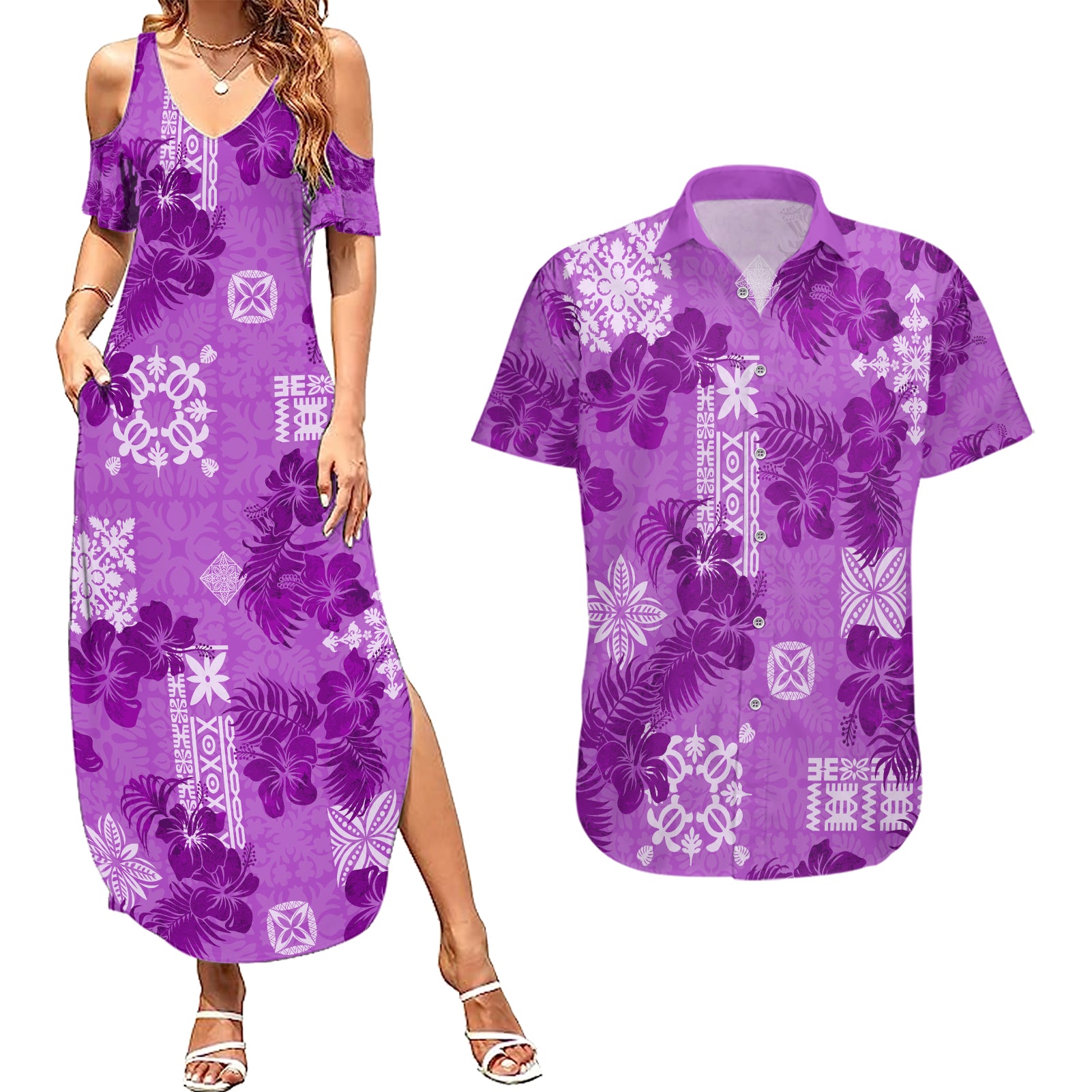 Hawaii Tapa Couples Matching Summer Maxi Dress and Hawaiian Shirt Hibiscus Mix Hawaiian Quilt Patches - Violet LT7 - Wonder Print Shop
