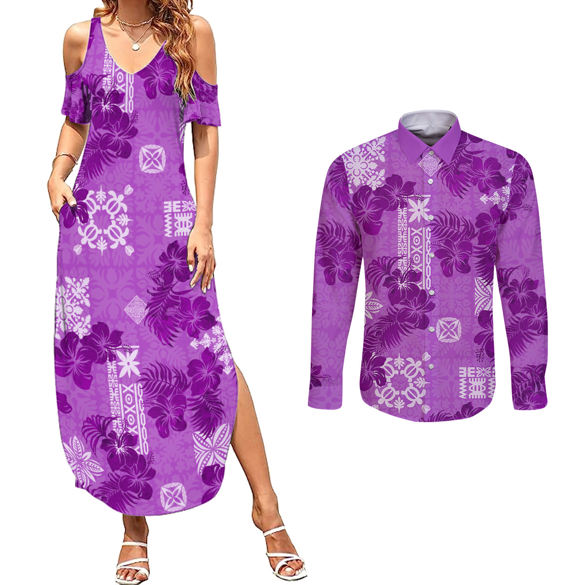 Hawaii Tapa Couples Matching Summer Maxi Dress and Long Sleeve Button Shirt Hibiscus Mix Hawaiian Quilt Patches - Violet LT7 - Wonder Print Shop