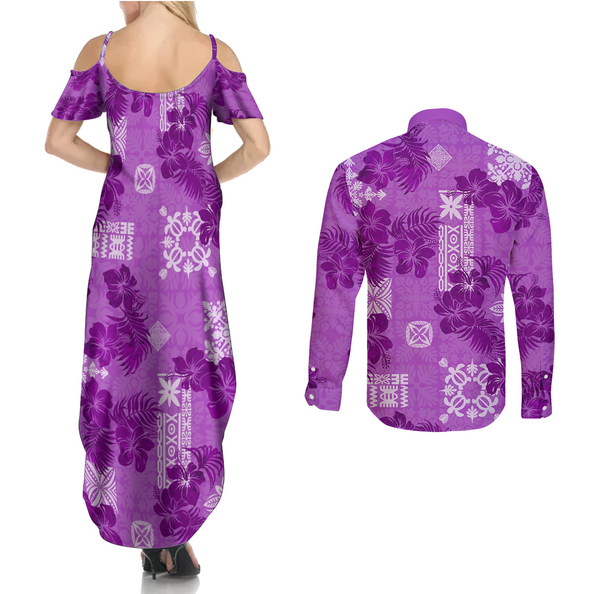 Hawaii Tapa Couples Matching Summer Maxi Dress and Long Sleeve Button Shirt Hibiscus Mix Hawaiian Quilt Patches - Violet LT7 - Wonder Print Shop