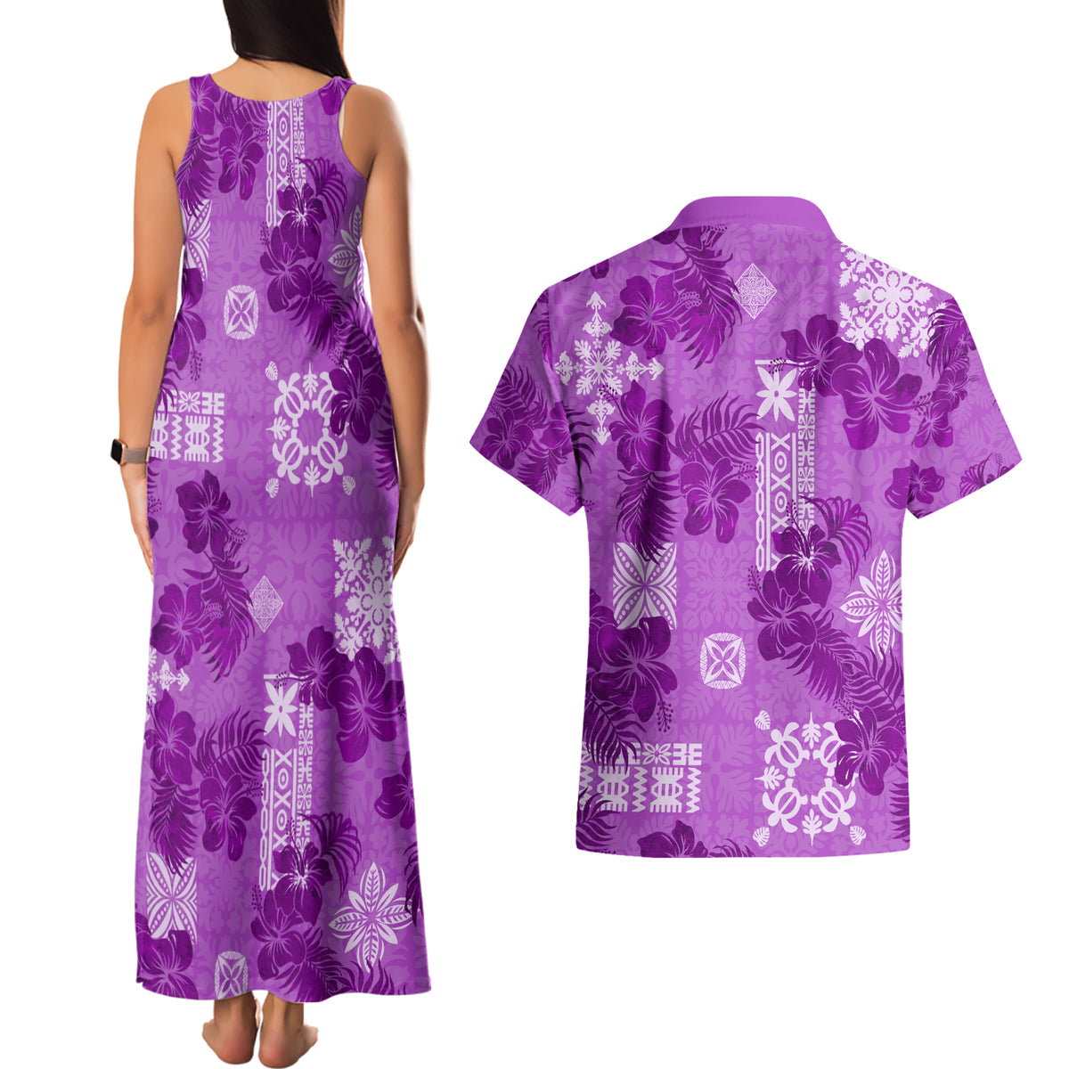 Hawaii Tapa Couples Matching Tank Maxi Dress and Hawaiian Shirt Hibiscus Mix Hawaiian Quilt Patches - Violet LT7 - Wonder Print Shop