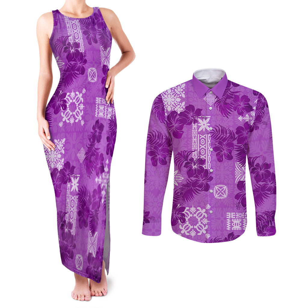 Hawaii Tapa Couples Matching Tank Maxi Dress and Long Sleeve Button Shirt Hibiscus Mix Hawaiian Quilt Patches - Violet LT7 - Wonder Print Shop