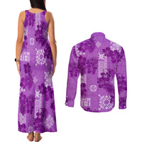 Hawaii Tapa Couples Matching Tank Maxi Dress and Long Sleeve Button Shirt Hibiscus Mix Hawaiian Quilt Patches - Violet LT7 - Wonder Print Shop