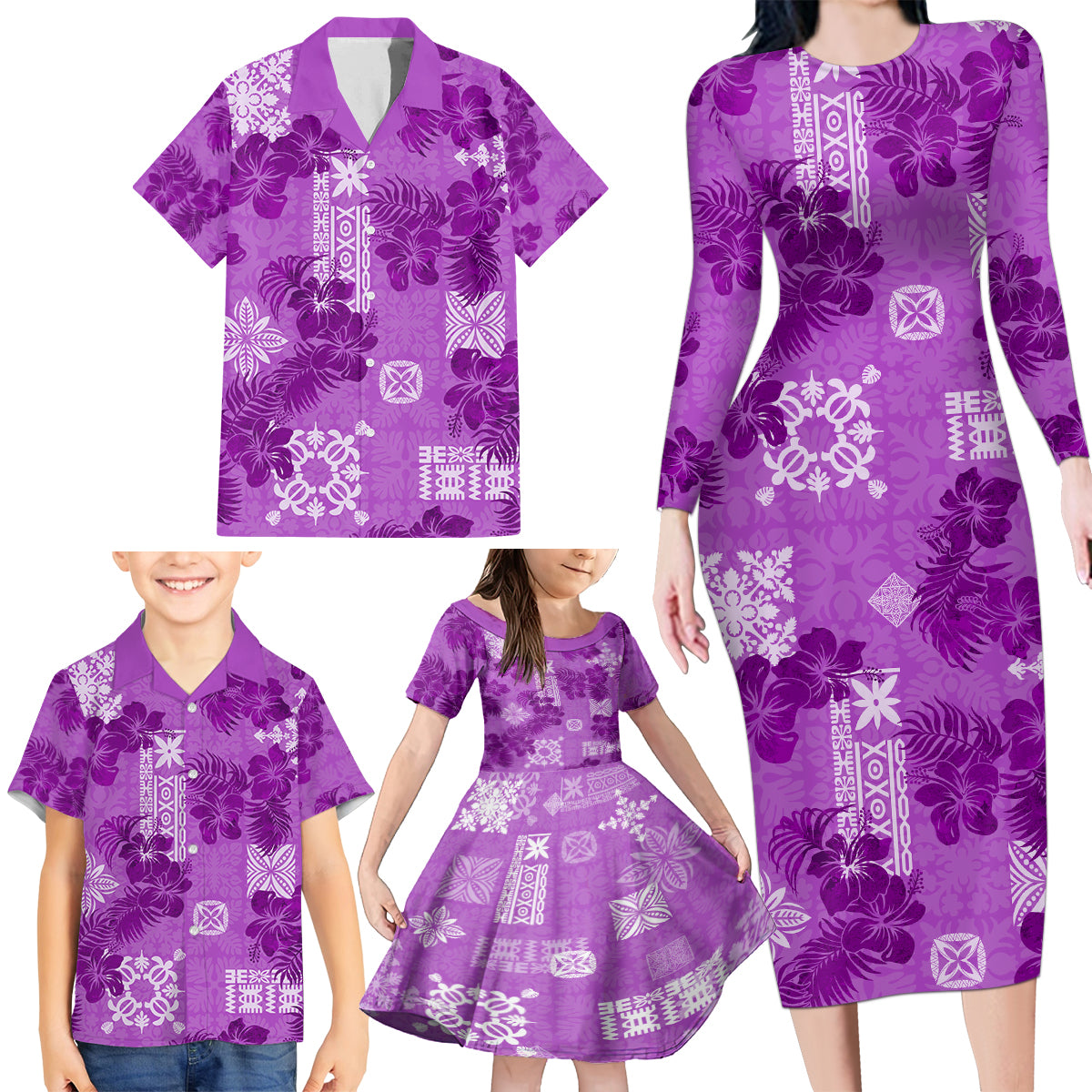 Hawaii Tapa Family Matching Long Sleeve Bodycon Dress and Hawaiian Shirt Hibiscus Mix Hawaiian Quilt Patches - Violet LT7 - Wonder Print Shop