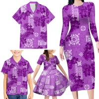 Hawaii Tapa Family Matching Long Sleeve Bodycon Dress and Hawaiian Shirt Hibiscus Mix Hawaiian Quilt Patches - Violet LT7 - Wonder Print Shop