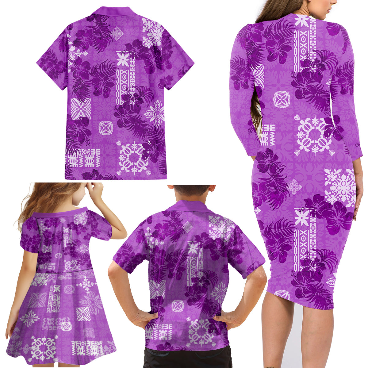 Hawaii Tapa Family Matching Long Sleeve Bodycon Dress and Hawaiian Shirt Hibiscus Mix Hawaiian Quilt Patches - Violet LT7 - Wonder Print Shop