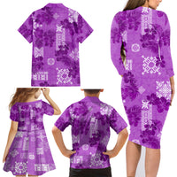 Hawaii Tapa Family Matching Long Sleeve Bodycon Dress and Hawaiian Shirt Hibiscus Mix Hawaiian Quilt Patches - Violet LT7 - Wonder Print Shop