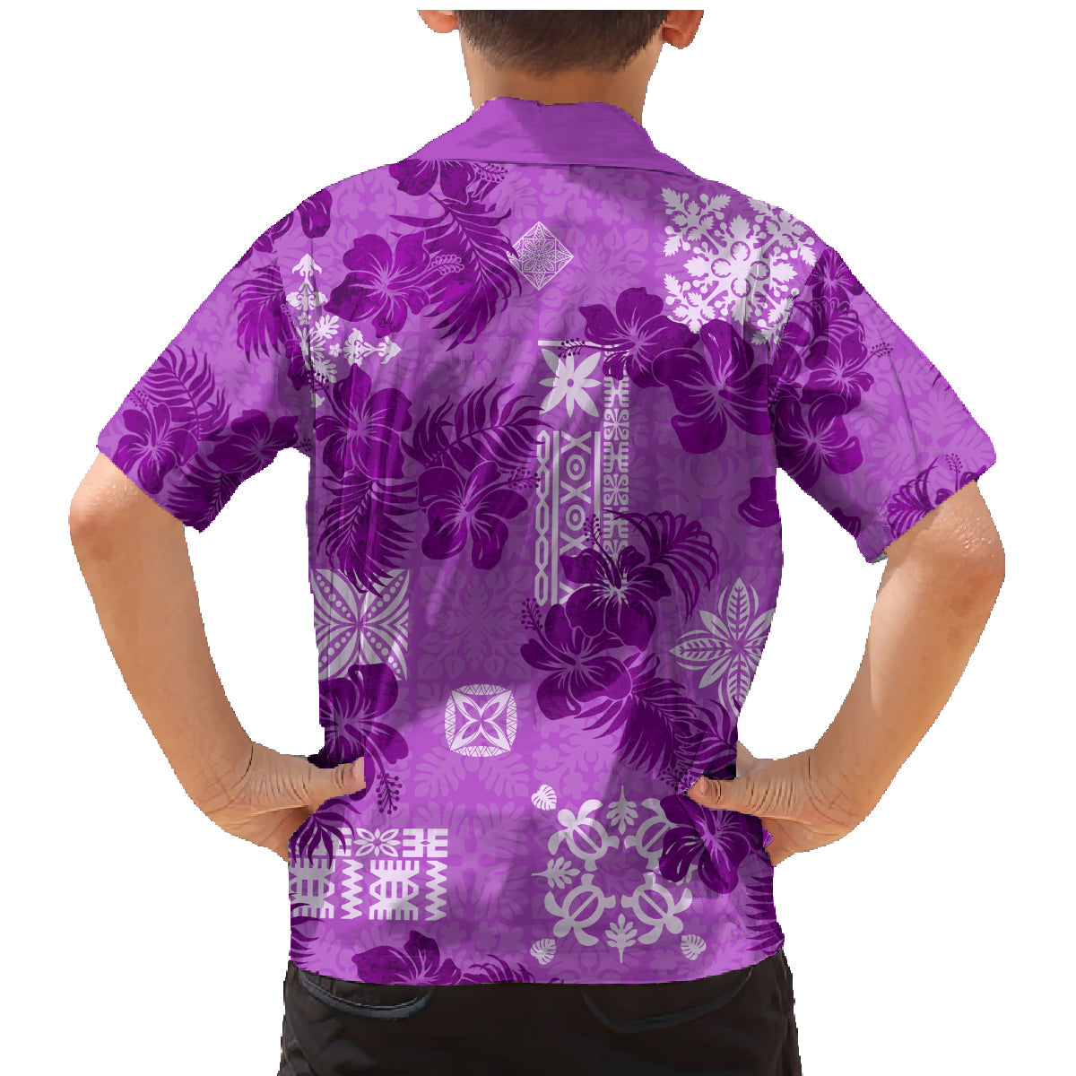 Hawaii Tapa Family Matching Mermaid Dress and Hawaiian Shirt Hibiscus Mix Hawaiian Quilt Patches - Violet LT7 - Wonder Print Shop