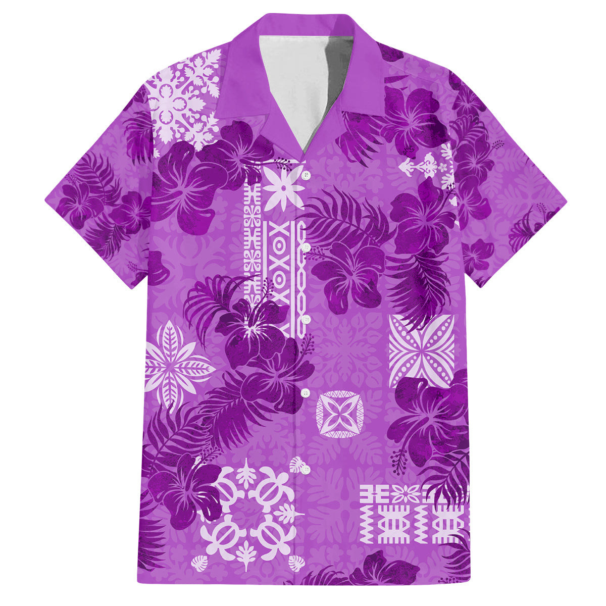 Hawaii Tapa Family Matching Off Shoulder Long Sleeve Dress and Hawaiian Shirt Hibiscus Mix Hawaiian Quilt Patches - Violet - Wonder Print Shop