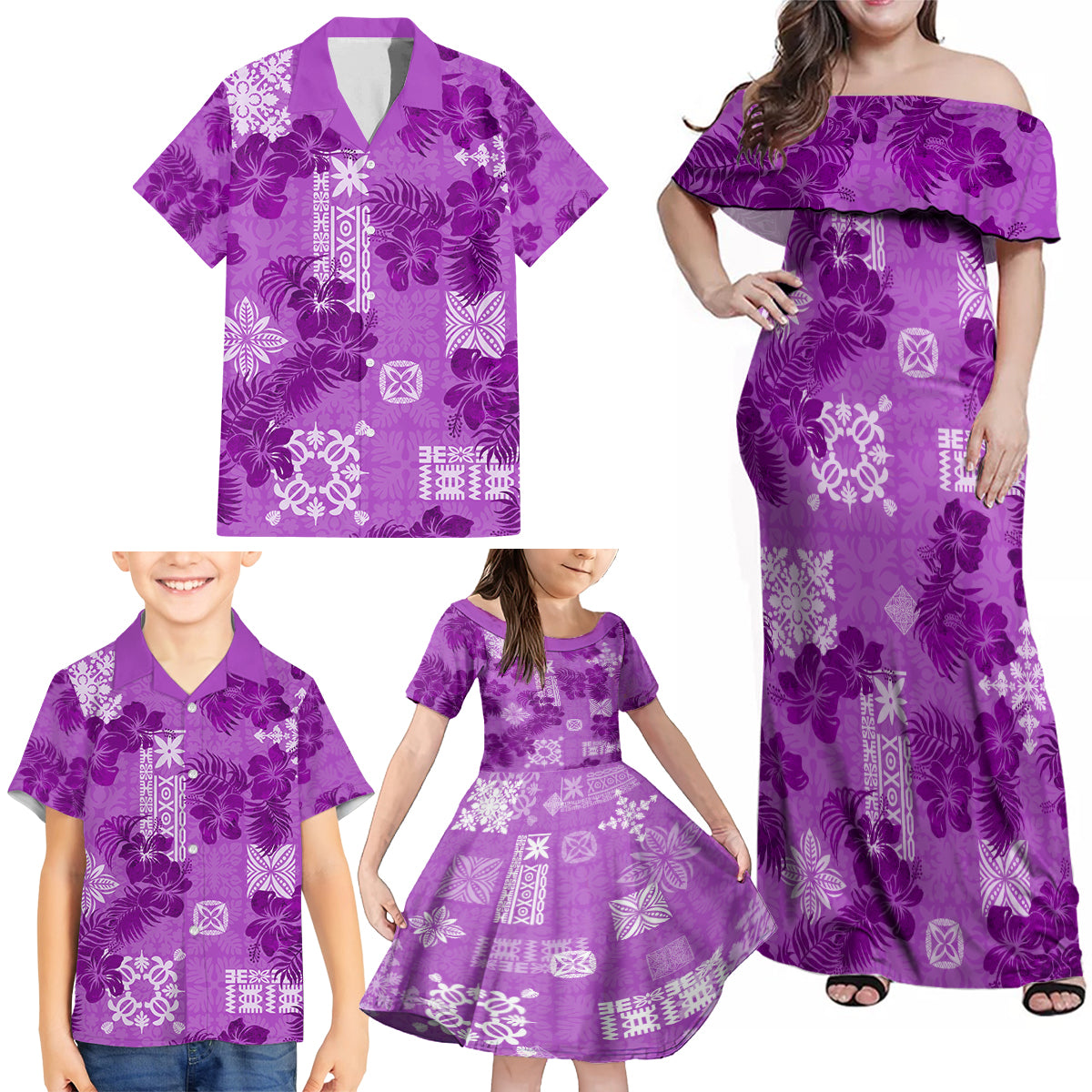 Hawaii Tapa Family Matching Off Shoulder Maxi Dress and Hawaiian Shirt Hibiscus Mix Hawaiian Quilt Patches - Violet LT7 - Wonder Print Shop