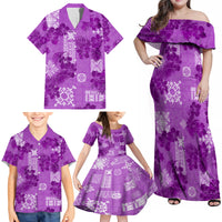 Hawaii Tapa Family Matching Off Shoulder Maxi Dress and Hawaiian Shirt Hibiscus Mix Hawaiian Quilt Patches - Violet LT7 - Wonder Print Shop