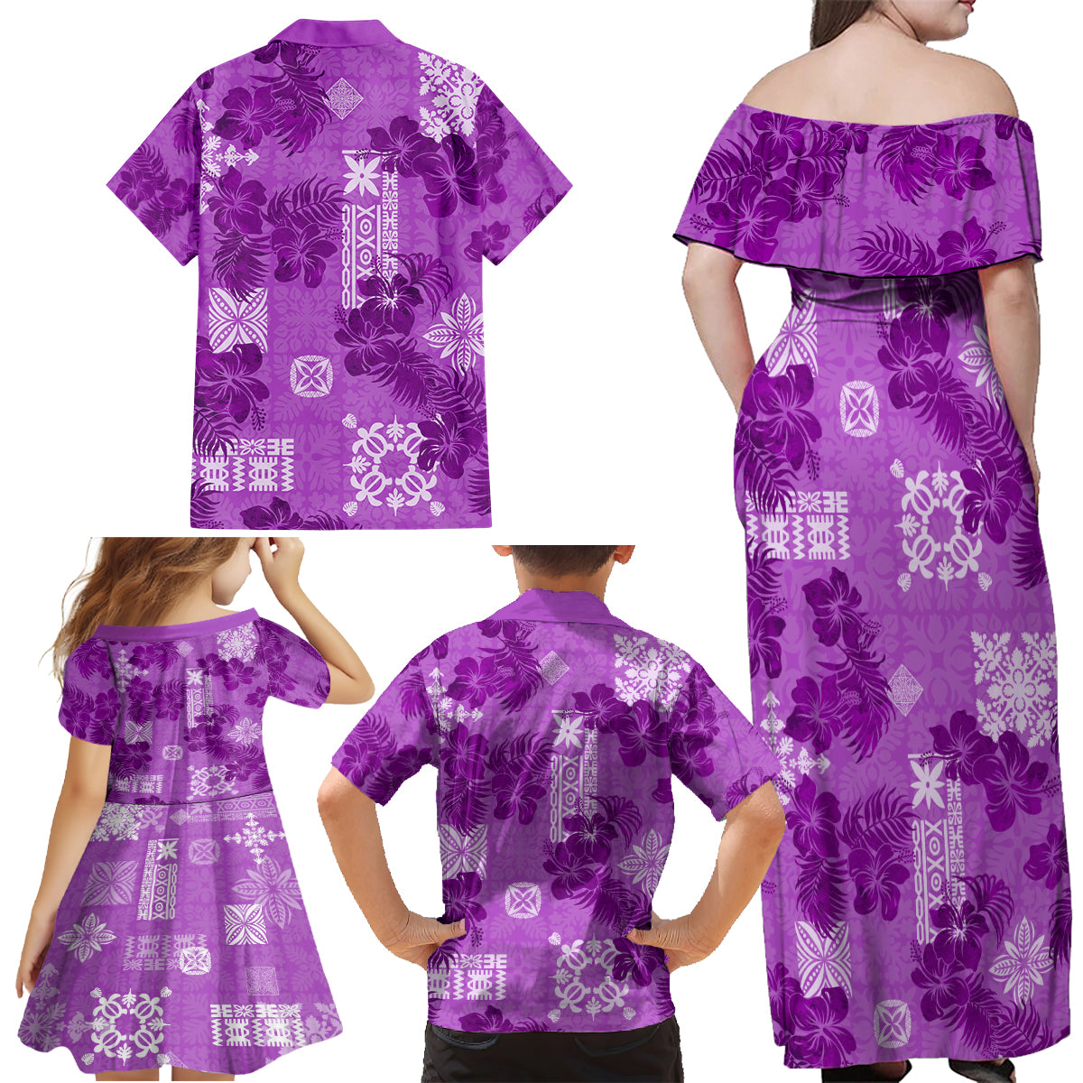Hawaii Tapa Family Matching Off Shoulder Maxi Dress and Hawaiian Shirt Hibiscus Mix Hawaiian Quilt Patches - Violet LT7 - Wonder Print Shop