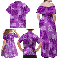 Hawaii Tapa Family Matching Off Shoulder Maxi Dress and Hawaiian Shirt Hibiscus Mix Hawaiian Quilt Patches - Violet LT7 - Wonder Print Shop
