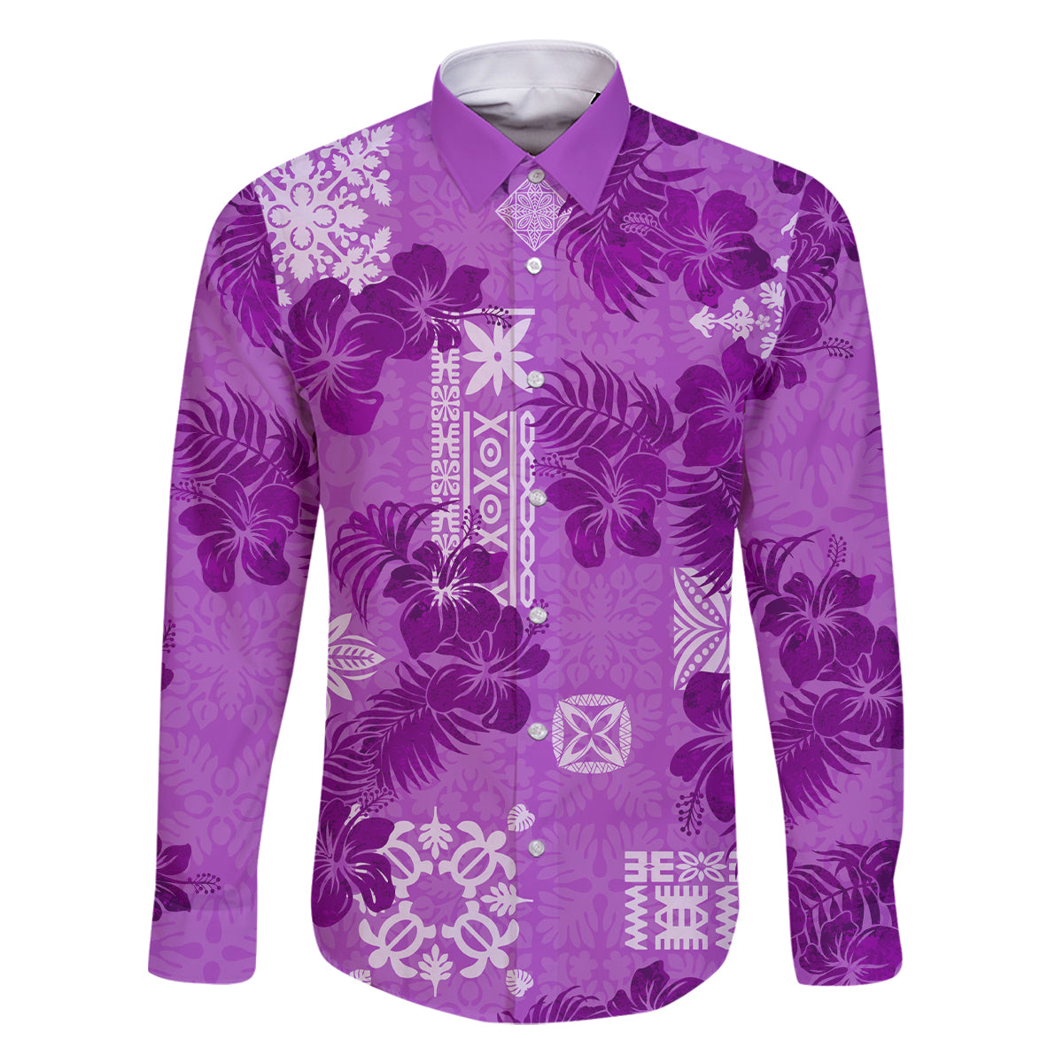 Hawaii Tapa Family Matching Off Shoulder Maxi Dress and Hawaiian Shirt Hibiscus Mix Hawaiian Quilt Patches - Violet LT7 - Wonder Print Shop