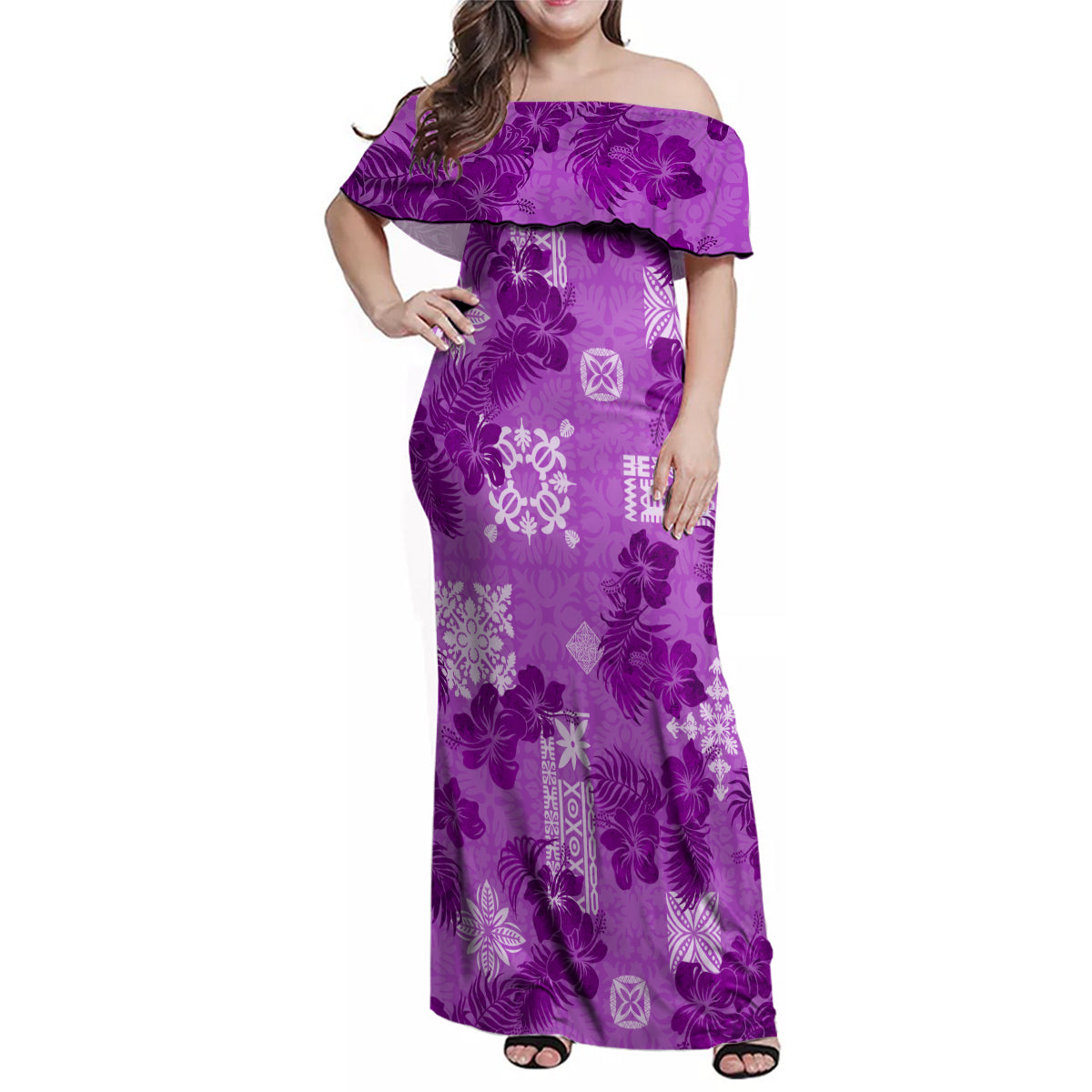 Hawaii Tapa Family Matching Off Shoulder Maxi Dress and Hawaiian Shirt Hibiscus Mix Hawaiian Quilt Patches - Violet LT7 - Wonder Print Shop