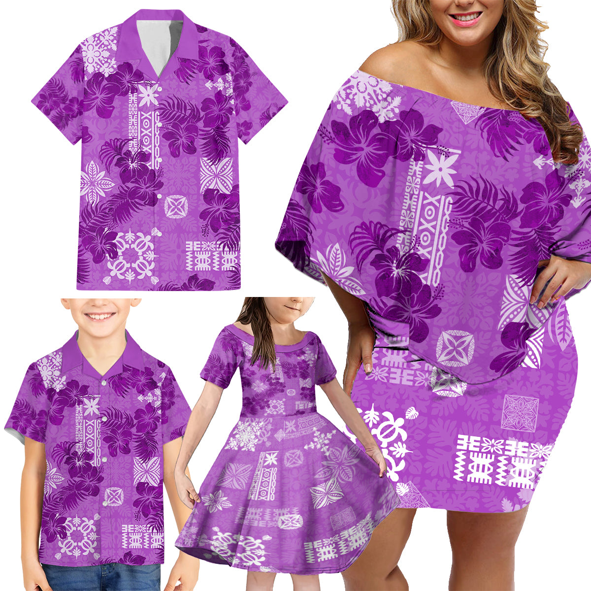 Hawaii Tapa Family Matching Off Shoulder Short Dress and Hawaiian Shirt Hibiscus Mix Hawaiian Quilt Patches - Violet LT7 - Wonder Print Shop