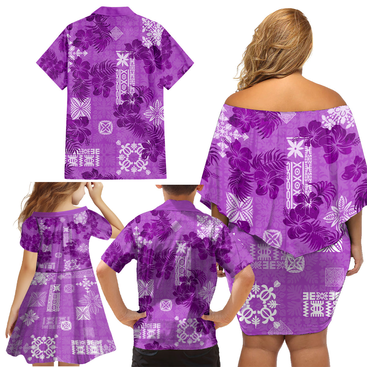 Hawaii Tapa Family Matching Off Shoulder Short Dress and Hawaiian Shirt Hibiscus Mix Hawaiian Quilt Patches - Violet LT7 - Wonder Print Shop