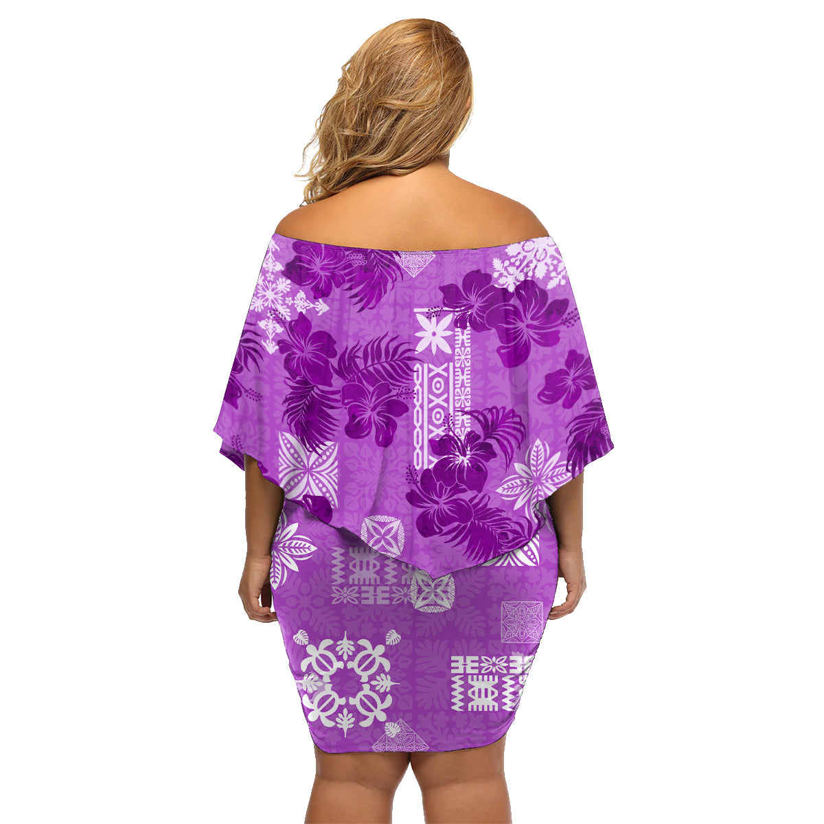 Hawaii Tapa Family Matching Off Shoulder Short Dress and Hawaiian Shirt Hibiscus Mix Hawaiian Quilt Patches - Violet LT7 - Wonder Print Shop