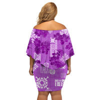 Hawaii Tapa Family Matching Off Shoulder Short Dress and Hawaiian Shirt Hibiscus Mix Hawaiian Quilt Patches - Violet LT7 - Wonder Print Shop