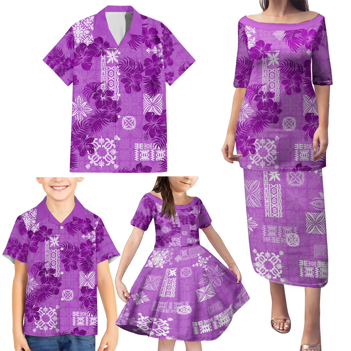 Hawaii Tapa Family Matching Puletasi Dress and Hawaiian Shirt Hibiscus Mix Hawaiian Quilt Patches - Violet - Wonder Print Shop