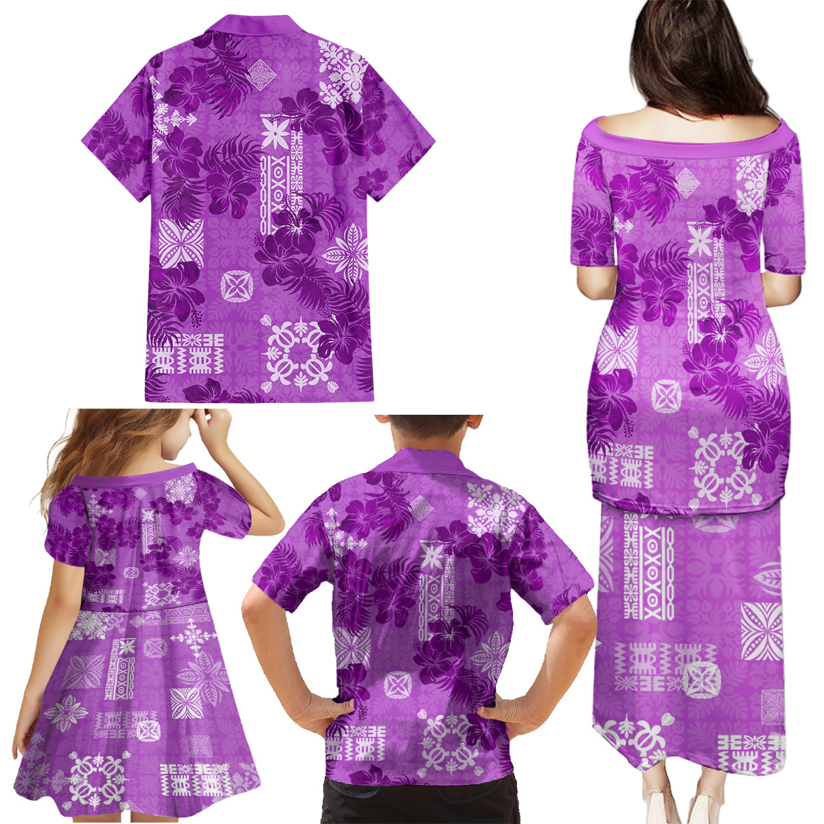 Hawaii Tapa Family Matching Puletasi Dress and Hawaiian Shirt Hibiscus Mix Hawaiian Quilt Patches - Violet - Wonder Print Shop