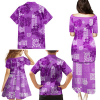 Hawaii Tapa Family Matching Puletasi Dress and Hawaiian Shirt Hibiscus Mix Hawaiian Quilt Patches - Violet - Wonder Print Shop