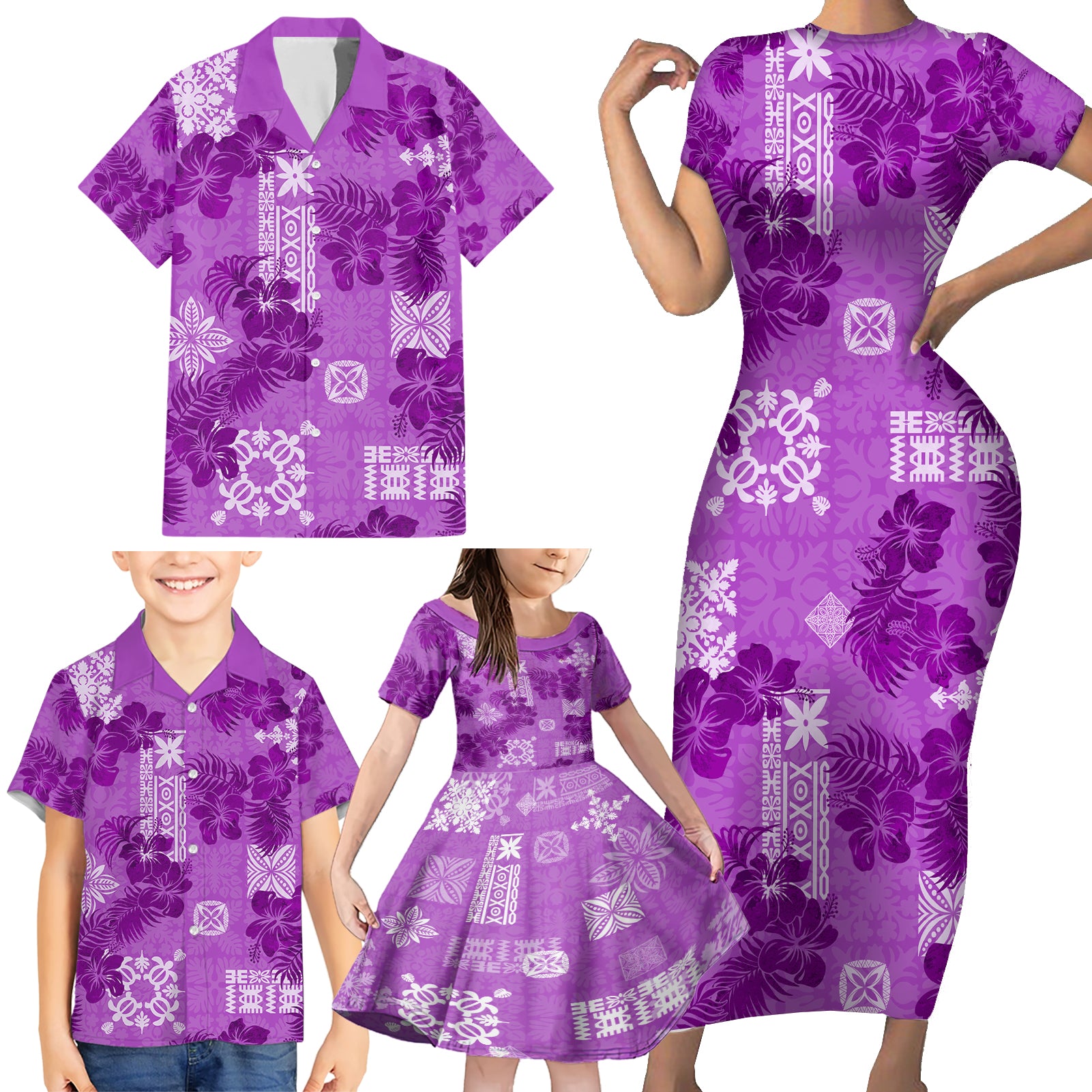 Hawaii Tapa Family Matching Short Sleeve Bodycon Dress and Hawaiian Shirt Hibiscus Mix Hawaiian Quilt Patches - Violet - Wonder Print Shop