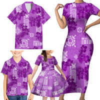 Hawaii Tapa Family Matching Short Sleeve Bodycon Dress and Hawaiian Shirt Hibiscus Mix Hawaiian Quilt Patches - Violet - Wonder Print Shop
